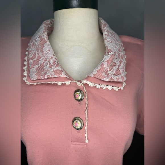 Vintage Lacy Afternoon by Shell Kepler Pink Lace Polo Top - Size M - Picture 2 of 8